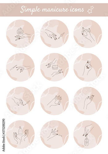 Female manicured hands. Set of highlight covers for social media. Vector Illustration of Elegant female fingers in a trendy lineart style. Beauty logo for nail studio or spa salon.