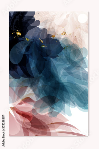 Abstract vector brochure template in floral style deep blue and soft pink colors