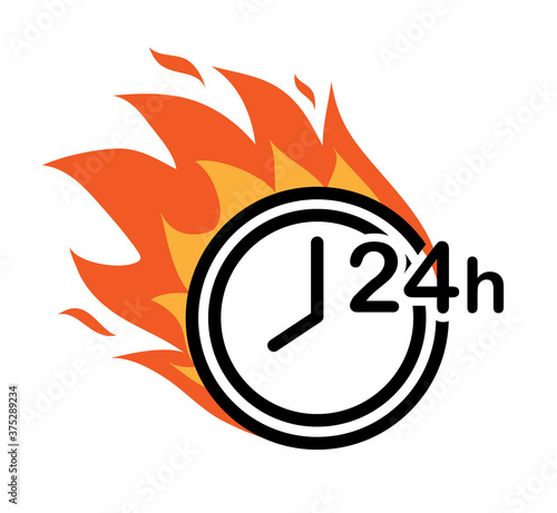 24 hour Flaming clock icon, vector illustration of clock on fire, deadline and fast delivery concept icon