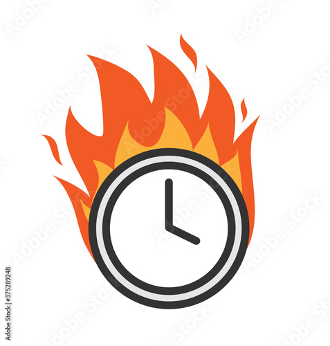 Flaming clock icon, vector illustration of clock on fire, deadline and fast delivery concept icon