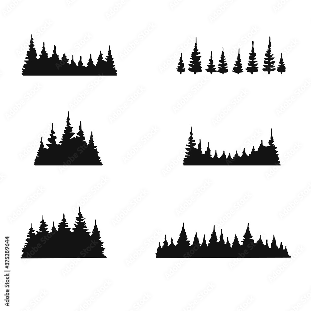 Set of pine trees forest silhouette isolated on white background. Hand drawn vector illustration. Set of pine trees forest silhouette isolated on white background. Hand drawn vector illustration.