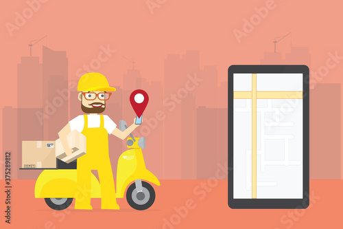 Delivery staff Stands beside a motorcycle in a red pin icon and a big smartphone mockup next to the online shopping and food concept.