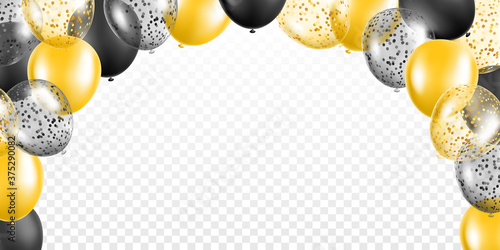Golden and black party balloons frame vector illustration on transparent background