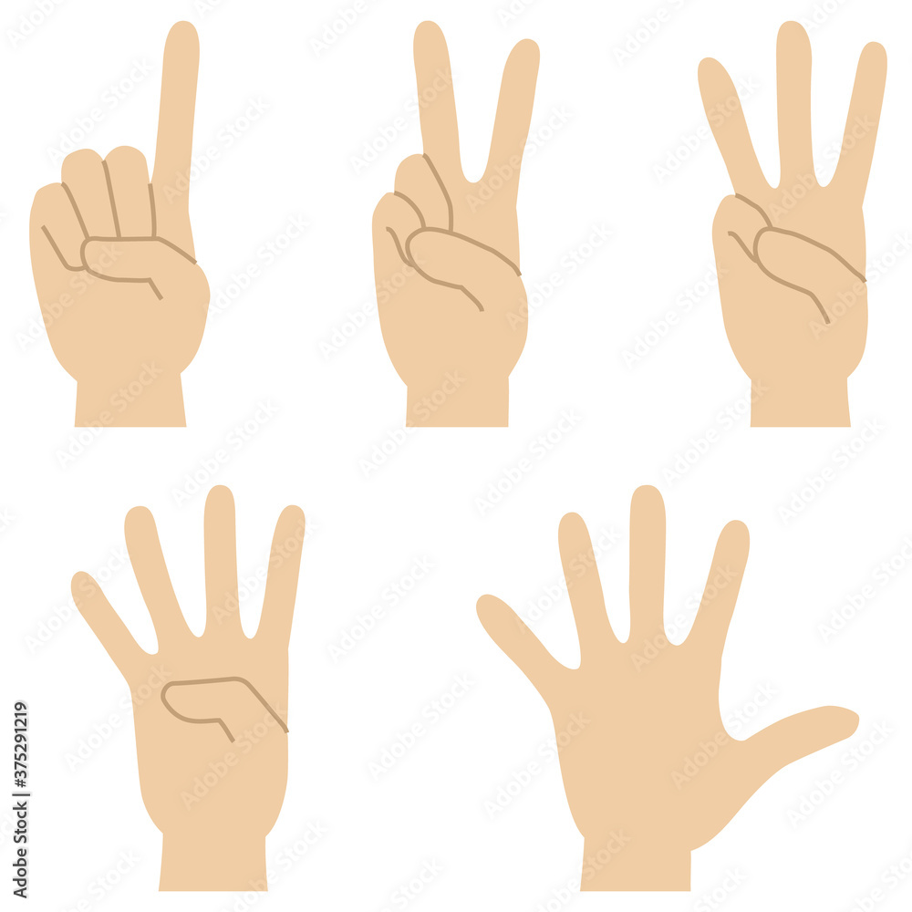 Set of illustrations of hand signs expressing the numbers 1 to 5