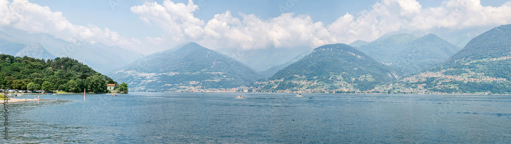 Picturesque Landscape on Lake Como with Peaks of Alps on Background. Italy.