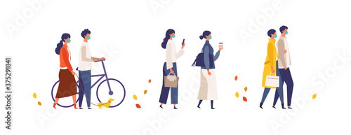 Men and women have a day off on new normal. Shopping, dating and walking. Flat cartoon colorful vector illustration.