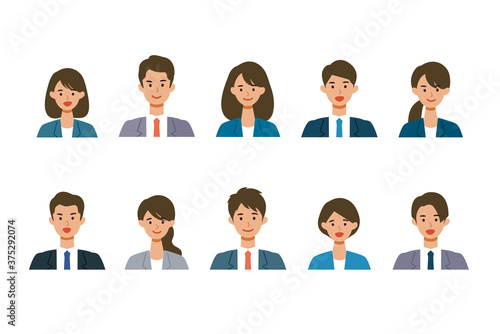 Smiling businessman and woman in suits. Different people smiles set.