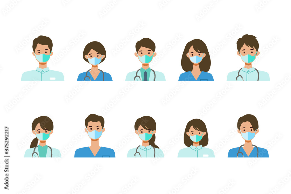 Masked healthcare staff in uniform. Different people faces set. Isolated vector illustration icons set in flat style. Masked healthcare staff in uniform. Different people faces set. Isolated vector illustration icons set in flat style.