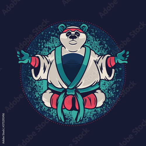 Panda with kung fu uniform. Custom apparel template with wild animal of Panda on blue background. Vector illustration design for t-shirt graphics, fashion prints and other uses