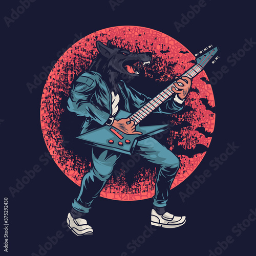 Wolf on a red moon background. A guitarist with wolf head design painting for t-shirt apparel clothing print