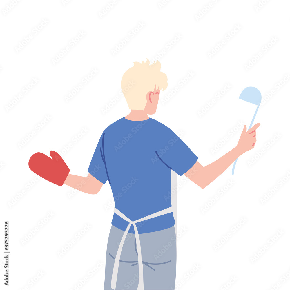 Young cook man from behind standing with gloves on white background Young cook man from behind standing with gloves on white background