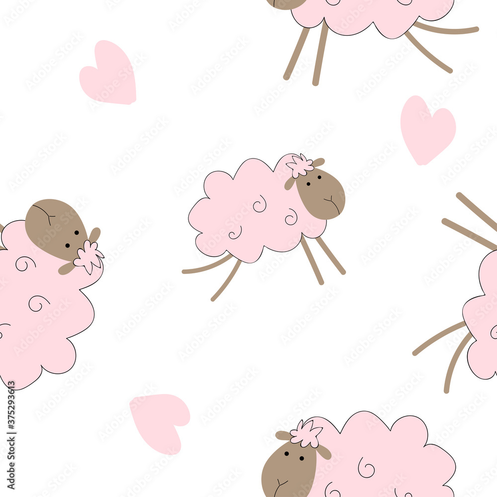 seamless pattern with pink sheep on a white background. print for baby fabric. poster for design.