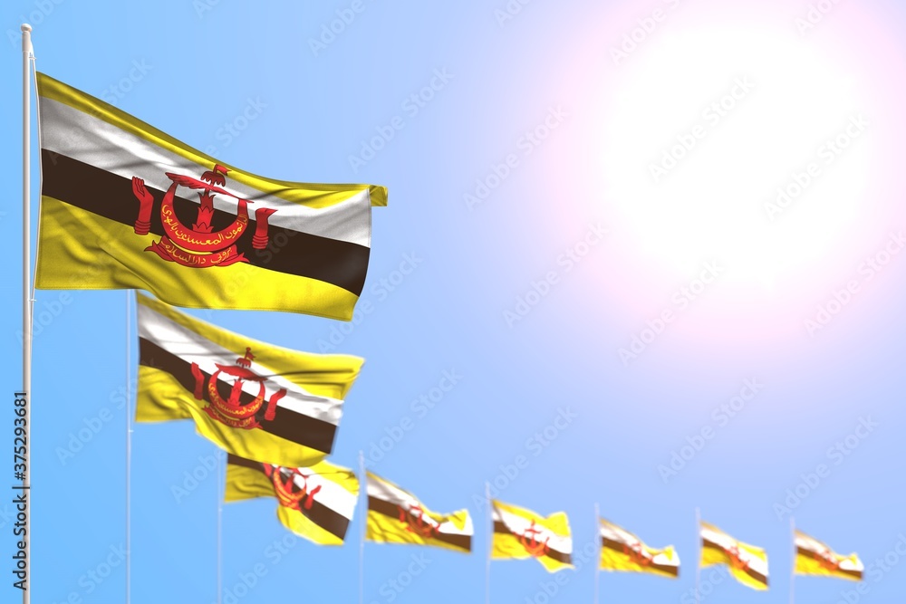 nice labor day flag 3d illustration. - many Brunei Darussalam flags placed diagonal with bokeh and empty space for your text - obrazy, fototapety, plakaty 