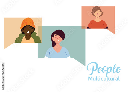 black man latin and european women cartoons in bubbles vector design