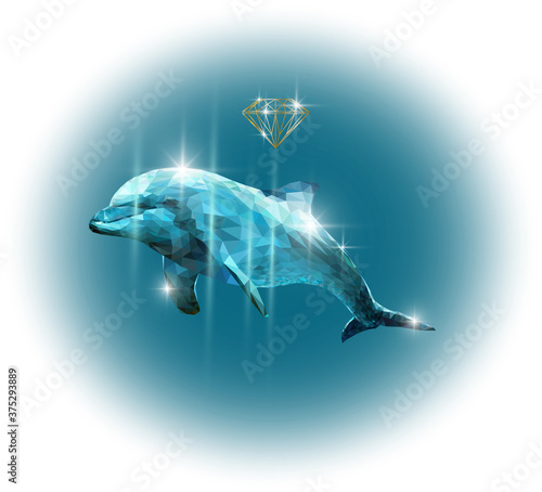 Unique Diamond Dolphin with glitter. And a gold diamond. 3d graph. Can be used as Logo, banner, poster, flyer, billboard, magazine cover. Vector. photo