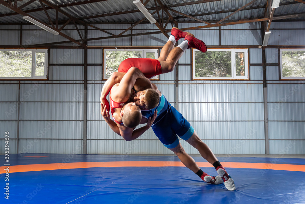 Foto Stock Greco-Roman wrestling training, grappling. Two greco-roman  wrestlers in red and blue uniform wrestling on a wrestling carpet in the  gym.Training and practicing sports throws | Adobe Stock