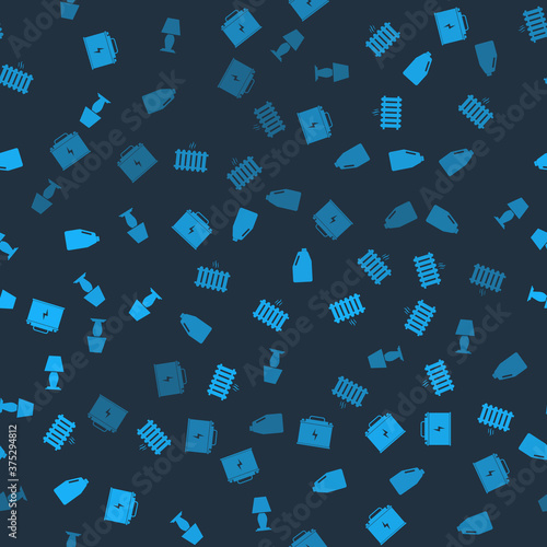 Set Car battery, Heating radiator, Household chemicals bottle and Table lamp on seamless pattern. Vector.