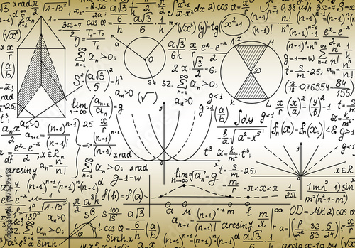 Math vector scientific seamless pattern with formulas, figures and equations, "handwritten on the old paper" effect