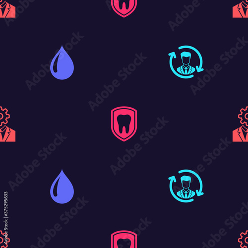 Set Human resources, Water drop, Dental protection and Head with gear inside on seamless pattern. Vector.
