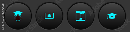 Set Graduation cap on globe, laptop, Coffee machine and cup and icon. Vector.
