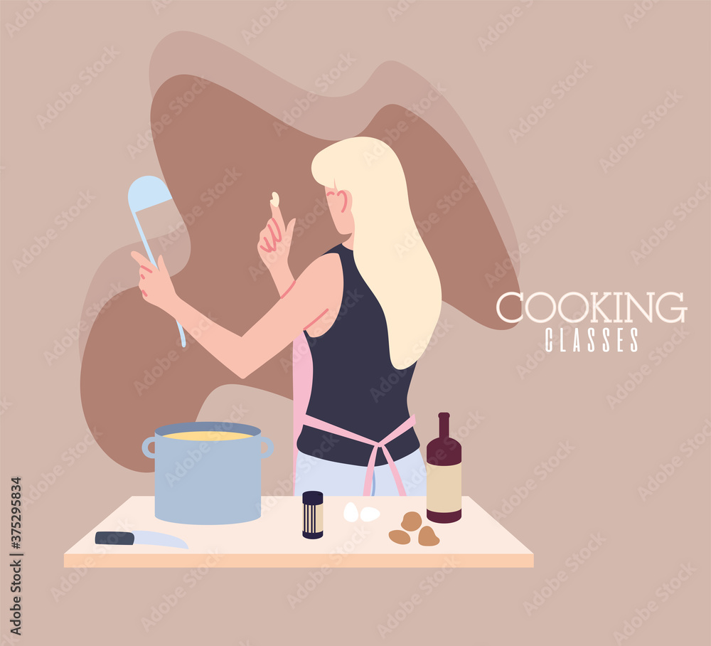 young woman in cooking class making soup