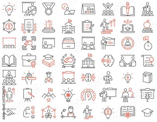 Vector Set of Linear Icons Related to Educational Process, Training, Tutorship and Remote Online Education.  Mono Line Pictograms and Infographics Design Elements