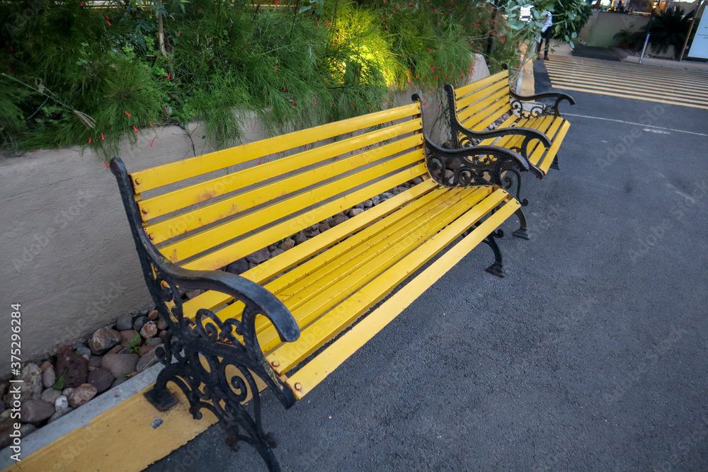 Beautiful yellow chairs in a park. Cool Sitting area.