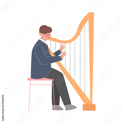 Man Musician Playing Harp, Classical Music Performer Character with Musical Instrument Flat Style Vector Illustration