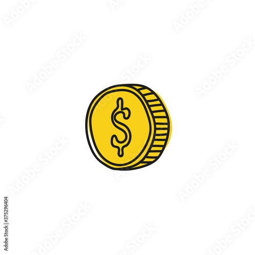 Vector gold coin icon in cartoon style. Hand drawn money.