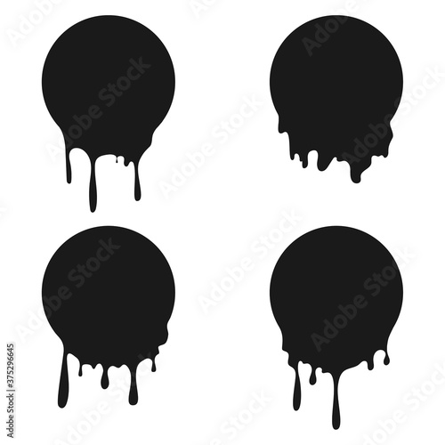 Set of black liquid round frames. The stain with the current flow the splash and drops. Vector illustration.