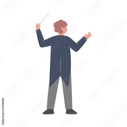 Back View of Man Conductor on Stage, Musician Directing Classic Instrumental Symphony Orchestra Flat Style Vector Illustration