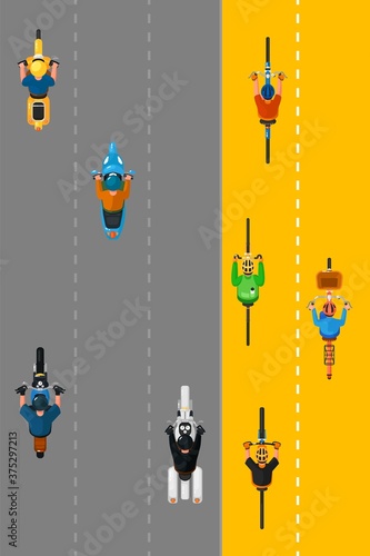 Bikers and cyclists group. Vector top view of cyclists people group cycling on bicycle lane and bikers riding bikes transport on city street road. Transportation and traffic concept