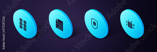 Set Isometric ASIC Miner, Shield with bitcoin, Smart contract and Mining farm icon. Vector.