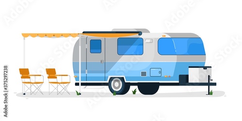 RV trailer. Isolated camper vehicle mobile home with canopy and camping chairs. Vector RV trailer car for travel and vacation transportation