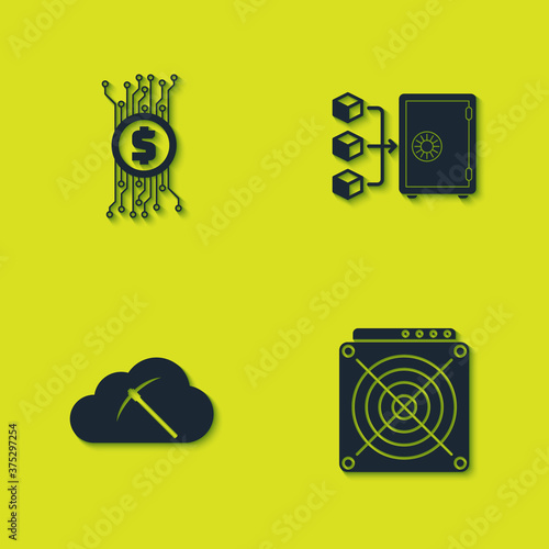 Set Cryptocurrency bitcoin in circuit, ASIC Miner, cloud mining and Proof of stake icon. Vector.