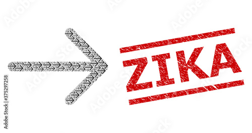Fractal collage arrow right and Zika scratched stamp print. Vector collage is made with randomized arrow right elements. Stamp includes Zika text between parallel lines.