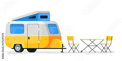 Small camping trailer. Isolated camper vehicle mobile home with camping table and chairs. Vector RV trailer transport for travel and vacation transportation