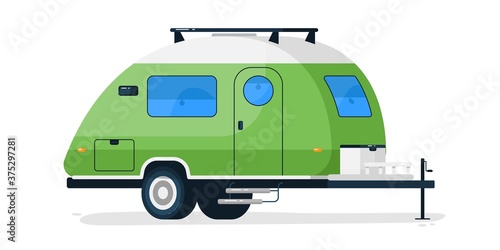 Small RV trailer. Isolated camper vehicle mobile home with door and windows. Vector RV trailer car for summer travel and vacation transportation
