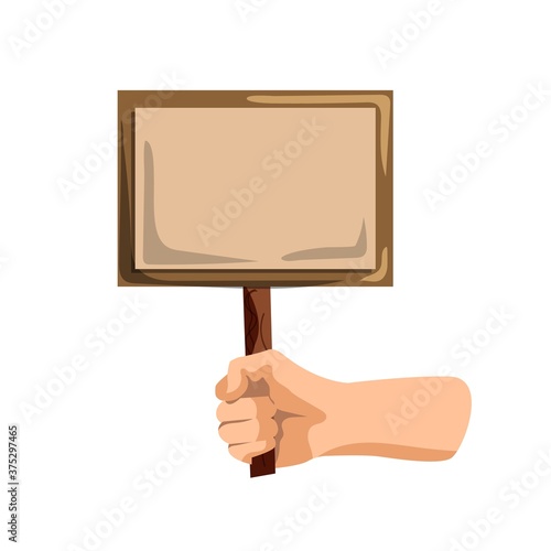 Hand with sign. Isolated activist person hand holding blank sign frame, placard or banner on stick icon. Vector empty protest message poster. Demonstration, activism and political announcement concept