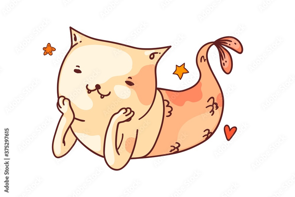 Fantasy mermaid cat. Isolated funny mermaid cat fish cartoon character sketch drawing. Vector cute smiling fantasy animal decorative doodle art Fantasy mermaid cat. Isolated funny mermaid cat fish cartoon character sketch drawing. Vector cute smiling fantasy animal decorative doodle art