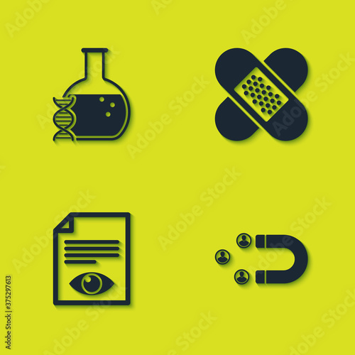 Set DNA research, search, Customer attracting, Paper page with eye and Crossed bandage plaster icon. Vector.
