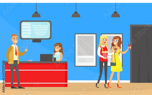 People Going to the Cinema, Visitors Buying Cinema Tickets at Service Ticket Counter Cartoon Vector Illustration
