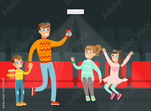 Family Visiting Movie Theatre, Parents and Children Wearing 3d Glasses with Popcorn Cartoon Vector Illustration