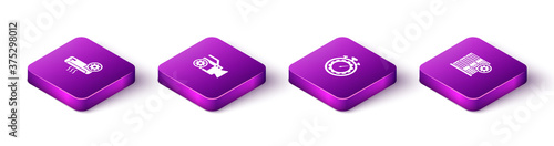 Set Isometric Air conditioner setting, Video camera, Time management and Server icon. Vector.