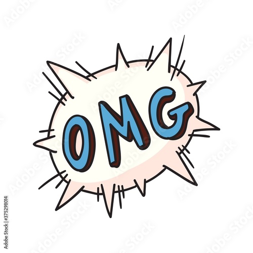 Omg word on exploding balloon. Isolated comic cartoon speech bubble icon with text. Vector surprise expression on exploding balloon design