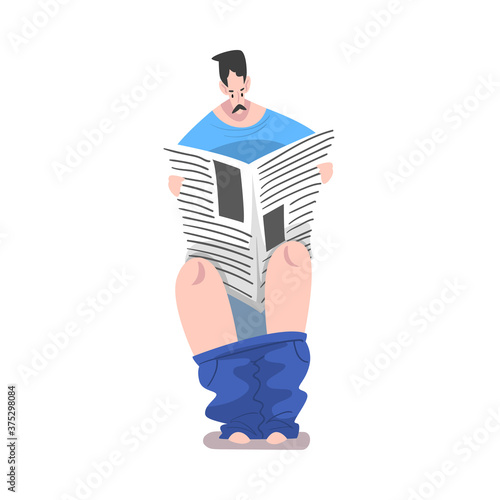 Man Sitting on Toilet Bowl and Reading Newspaper, Daily Routine Hygienic Procedure Cartoon Style Vector Illustration
