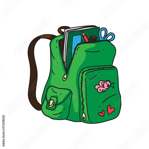 School backpack. Isolated cartoon green open college bag with school supplies stationery, books and straps doodle icon. Student child schoolbag backpack object. Vector education and study concept