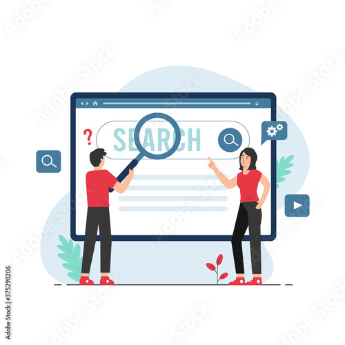 Search engine concept for landing page. People holding magnifying glass over search bar