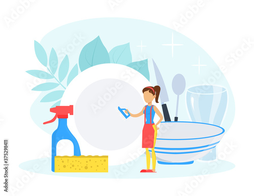 Tiny Young Woman Washing Dishes in Kitchen, Housewife Cleaning Dirty Dish, Housekeeping Concept Flat Vector Illustration