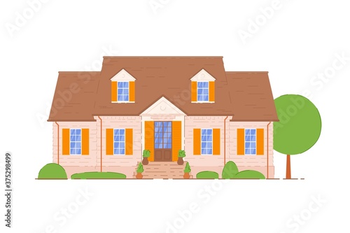 Summer cottage. House building facade exterior with stairs, door entrance, mansard window icon. Cozy summer cottage isolated on white background. Real estate and architecture vector illustration
